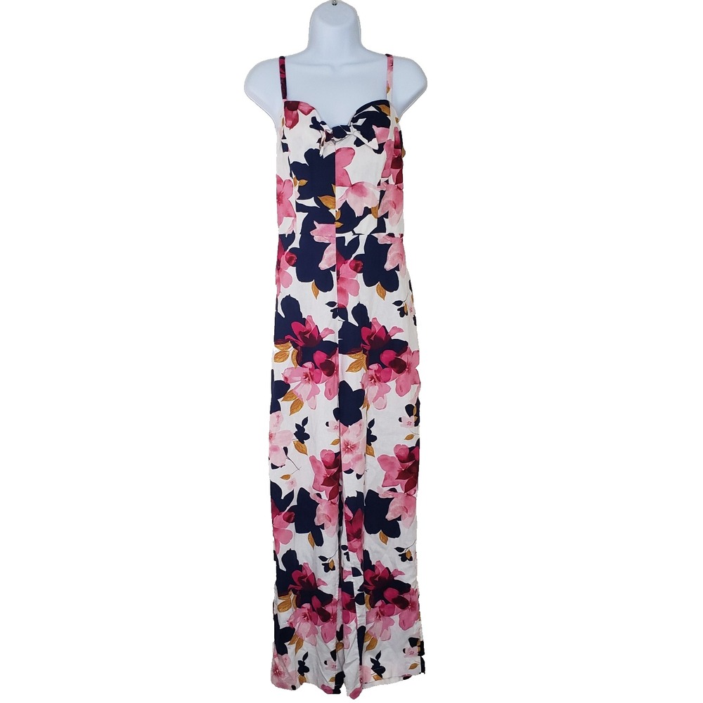 Old Navy Linen Blend Jumpsuit Sz L Tall Floral‎ Boho Wide Leg Resort Beachy